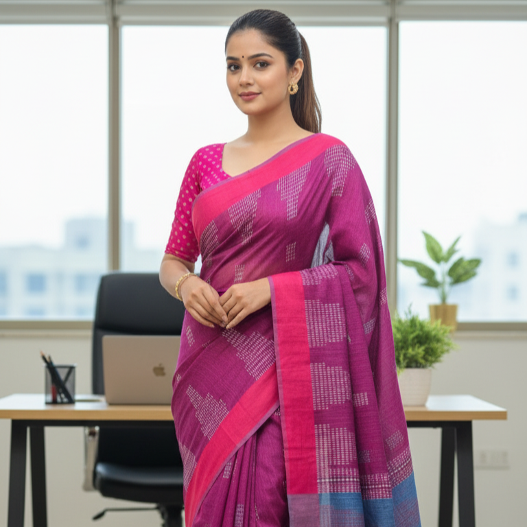 Woman in a pink saree standing in an office setting
