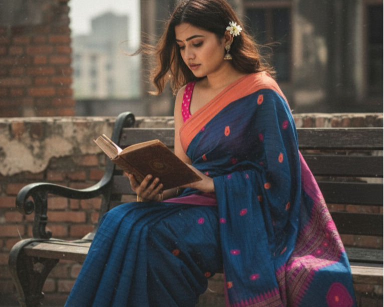 Woman in a blue and pink saree reading a book on a bench.