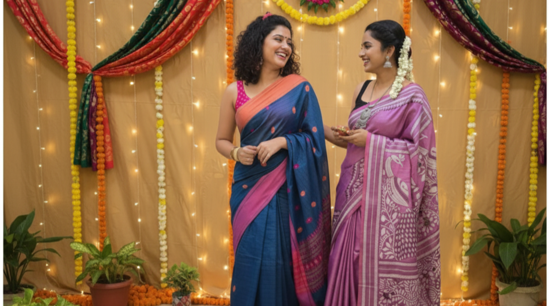 Two women in colorful sarees standing in front of a decorated wall with lights and plants.